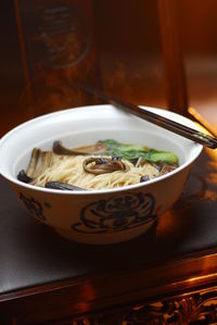 High angle view of soup in bowl on table
