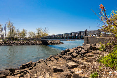 Bridge over river against blue sky