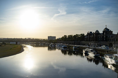 Panoramic view of river and buildings against sky during sunset