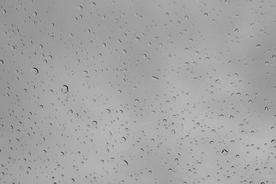 Low angle view of raindrops on glass window