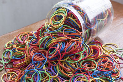 High angle view of multi colored candies on table