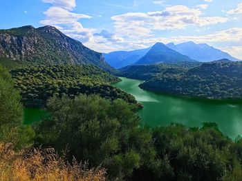 Scenic view of lake and mountains against sky