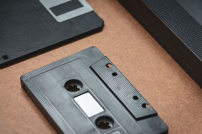 Close-up of audio cassette on table