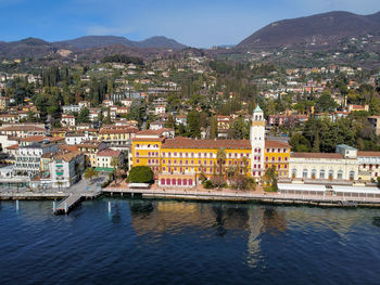 Aerial view of the lake front of gardone riviera, garda lake, italy.