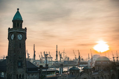 Panoramic view of buildings in city against sky during sunset