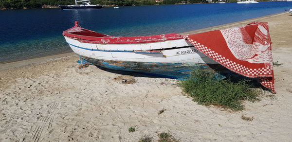 High angle view of boat moored on beach