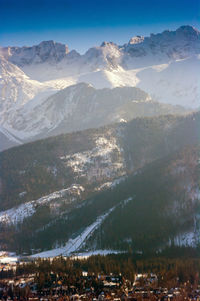 Aerial view of snow covered mountains against sky