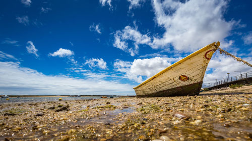 Scenic view of beach against blue sky