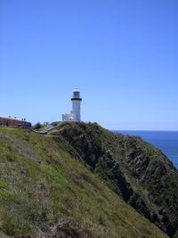 Lighthouse by sea against sky