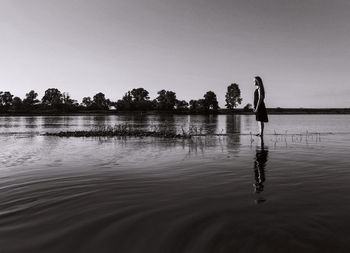 Silhouette birds on lake against sky