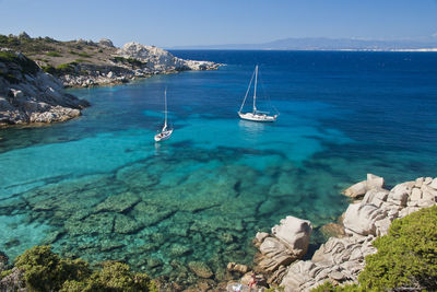 Sailboats sailing in sea against sky