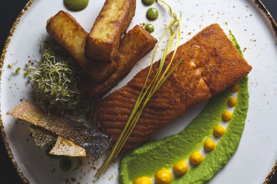 High angle view of food served in plate