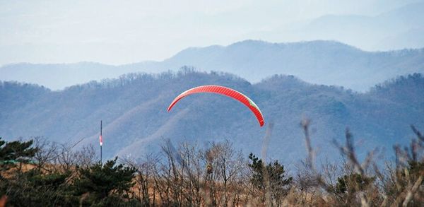 Person paragliding over landscape against sky