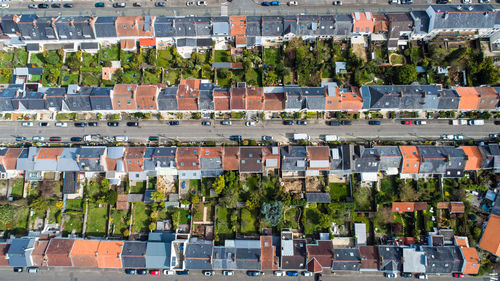 High angle view of residential buildings in city