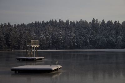 Frozen swimming platforms in the lake weitsee near schnaitsee