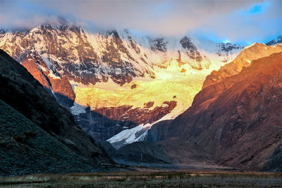 Panoramic view of snowcapped mountains against sky