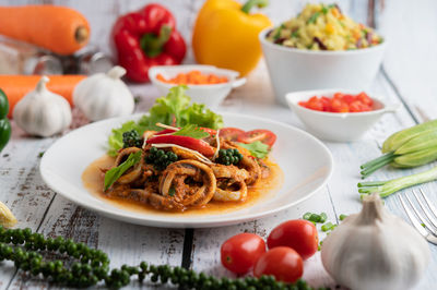 High angle view of salad served in plate