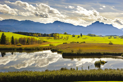 Scenic view of field by lake against sky