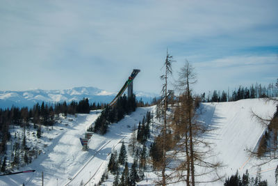 Scenic view of snow covered mountains against sky