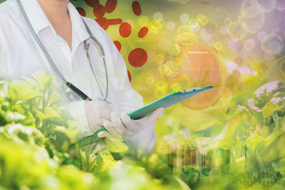 Midsection of doctor with clipboard amidst plants