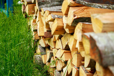 Stack of chopped firewood. eco-friendly bio fuel. woodpile near village house. rural life.