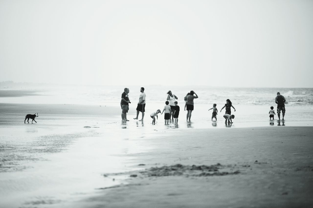 sea, beach, copy space, water, clear sky, horizon over water, leisure activity, lifestyles, large group of people, men, vacations, shore, togetherness, sand, person, enjoyment, mixed age range, medium group of people, walking