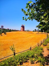 Scenic view of field against clear blue sky