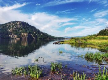 Scenic view of lake against cloudy sky