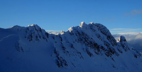 Panoramic view of snowcapped mountains against blue sky