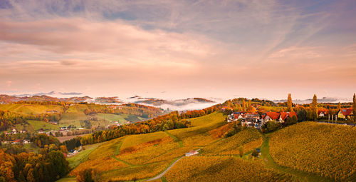 South styria vineyards landscape, aerial view from eckberg at autumn grape hills and foggy alps