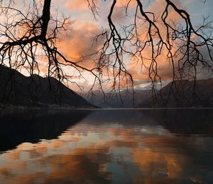 Scenic view of lake against sky at sunset