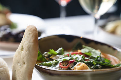 Close-up of food served on table