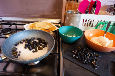 High angle view of breakfast on table at home