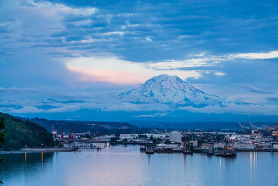 A view of mount rainier and the port of tacoma at twilight.