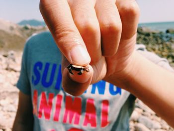 Midsection of man holding crab at beach