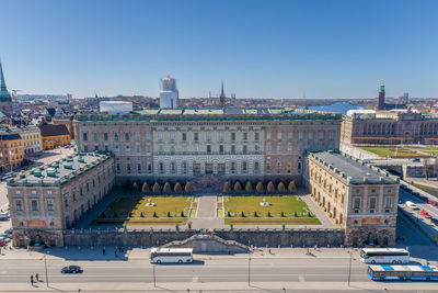 The royal palace is located in gamla stan island in stockholm, sweden. drone point of view