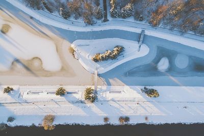 High angle view of snow covered street