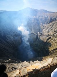 Aerial view of smoke emitting from volcanic mountain