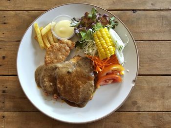 High angle view of food in plate on table