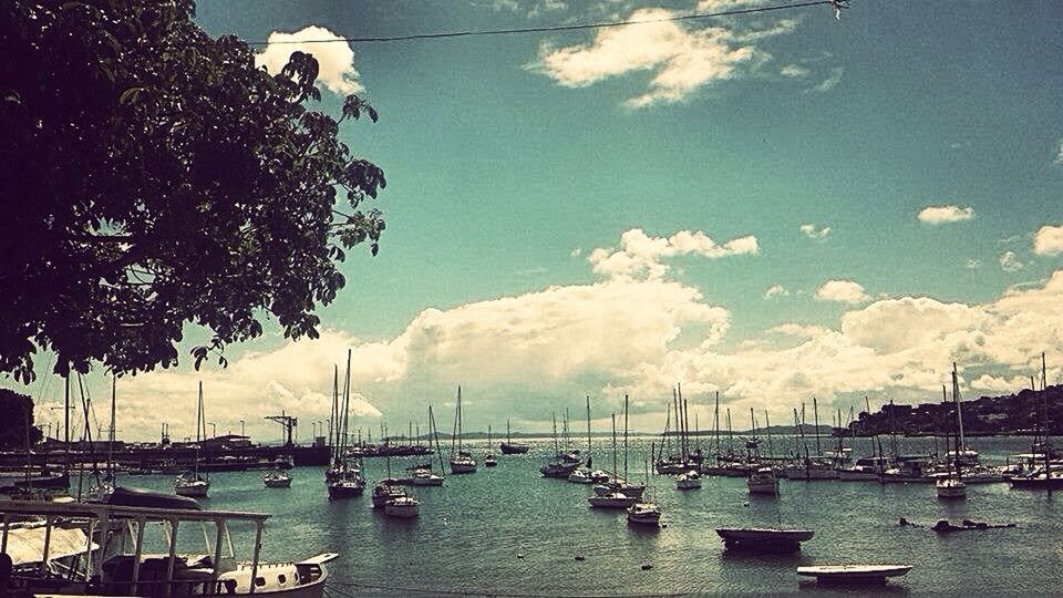 water, nautical vessel, transportation, mode of transport, boat, moored, waterfront, sky, harbor, tree, sea, river, sailboat, nature, lake, travel, mast, day, outdoors, incidental people