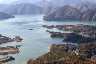 High angle view of lake and mountains