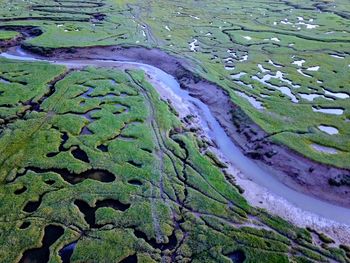 High angle view of water flowing through rocks