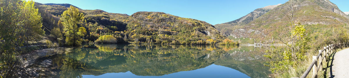 Panoramic view of lake and mountains against clear sky