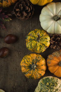 High angle view of pumpkins on table