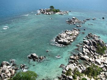 High angle view of rocks on beach