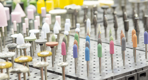 Close-up of multi colored pencils in row