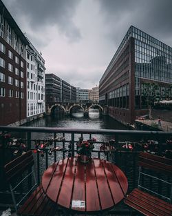 Bridge over canal amidst buildings in city against sky