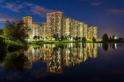 Reflection of illuminated buildings in lake at night