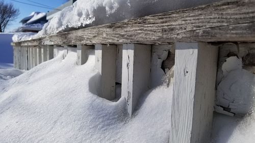 Close-up of icicles on roof of snow covered house