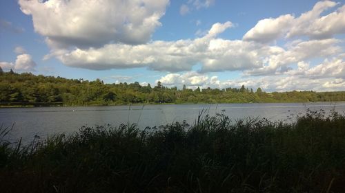 Scenic view of lake against cloudy sky